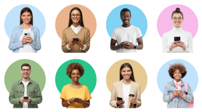 Group of diverse people holding phones and smiling to camera