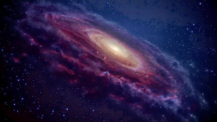 Fototapeta premium Captivating depiction of the Andromeda Galaxy, highlighting its intricate spiral shape and glowing core. The swirling arms and vivid details of the galaxy stand out against a backdrop stars.
