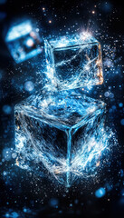 Title: Close-Up of Ice Cubes Splashing in Water on Dark Background, Highlighting Frozen Texture and Crystal Clarity
