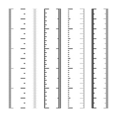 Vertical measurement scales with divisions. Realistic scale for measuring length or height in centimeters, millimeters or inches. Ruler, tape measure marks, size indicators. Vector illustration