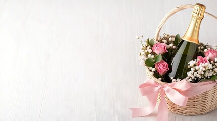 Celebrate special moments with a delightful wicker gift basket featuring champagne and a stunning bouquet of flowers on a wooden table