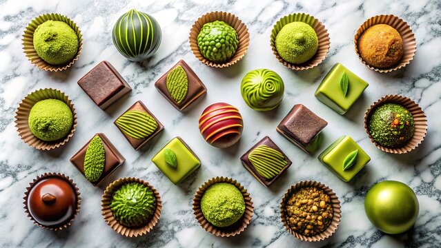 Artfully arranged matcha chocolates on a marble surface, featuring an enticing selection of matcha desserts and sweets. A visual indulgence for dessert enthusiasts and matcha fans!