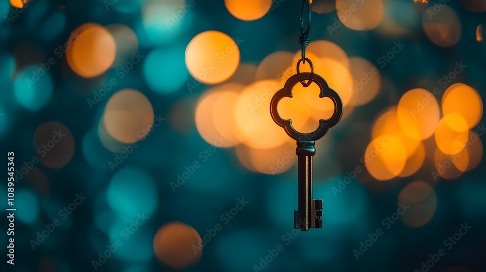 Poster Vintage key hanging against a mesmerizing backdrop of soft bokeh lights, creating an enchanting and mysterious atmosphere for creative projects