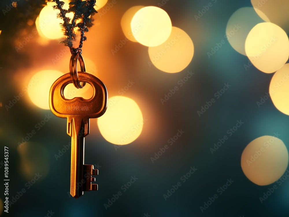Aufkleber Vintage Key Hanging on a String with Beautiful Bokeh Lights in the Background, Perfect for Themes of Unlocking, Secrets, and Inspiration