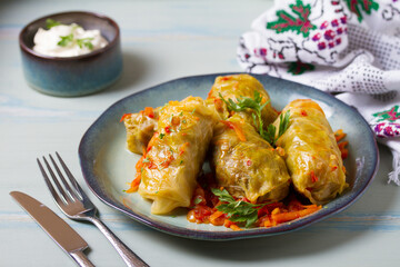 Stuffed cabbage leaves. Cabbage wraps. Chou farci, dolma, sarma, golubtsy or golabki. Flat lay, layout, overhead