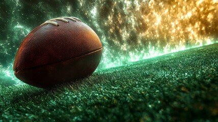 American football on a glowing field under bright stadium lights