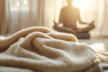 Calm morning meditation with cozy blanket in focus