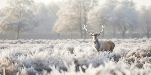 Naklejka premium deer in the winter woods at golden hour