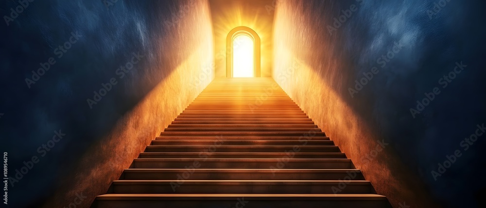 Poster ethereal staircase leading to a bright open doorway illuminated by golden light in a darkened space 