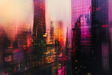 Blurred high-rise buildings with glowing data overlay patterns