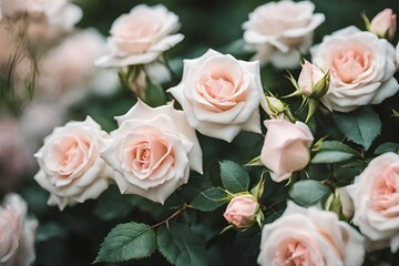 Obraz premium Soft-focus background featuring blush pink and white roses in full bloom, surrounded by green leaves. Warm lighting highlights the delicate petals, creating a romantic and high-quality aesthetic.