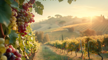 Bunches of ripe grapes hanging from a vine with a vineyard at sunrise in the background