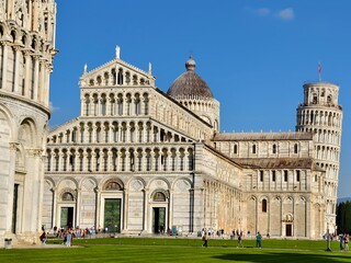 The famous architecture in Pisa city. Piazza del Duomo, Battistero di San Giovanni, Leaning Tower, Cattedrale di Pisa