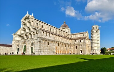 The famous architecture in Pisa city. Piazza del Duomo, Battistero di San Giovanni, Leaning Tower, Cattedrale di Pisa