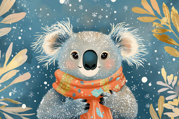 Koala in Winter Scarf on Snowy Background