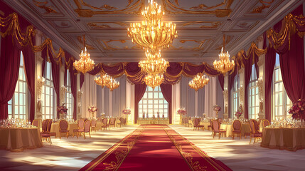 Obraz premium Opulent royal banquet hall for wedding anniversary celebration with ornate chandeliers. Extravagant Royal Banquet. Illustration