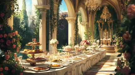Opulent garden party with elegant decorations and gourmet catering, showcasing luxury entertaining. Extravagant Royal Banquet. Illustration