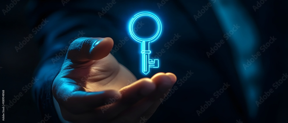 Poster Hand Reaching Out with Digital Key Icon Representing Access Control and Security in a Modern Technological Environment at Night