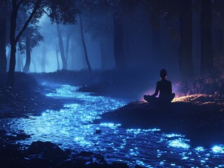 Glowing River in Dark Forest where Person Meditates Symbolizing Mindfulness and Calm