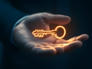 A Business Professional Holding a Glowing Key in Their Hand, Symbolizing Success, Opportunities, and Unlocking Potential in a Dark Background for Conceptual Imagery