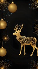Merry Christmas Golden Deer on Black Background for Festive Season