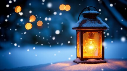 Illuminated Lantern In Snowy Winter Night Scene