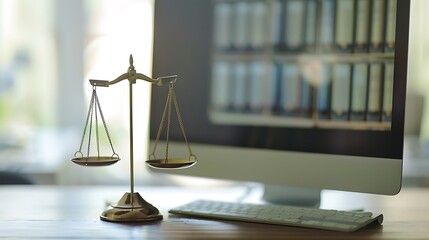 A golden balance scale on a desk in front of a computer, symbolizing justice and legal matters.