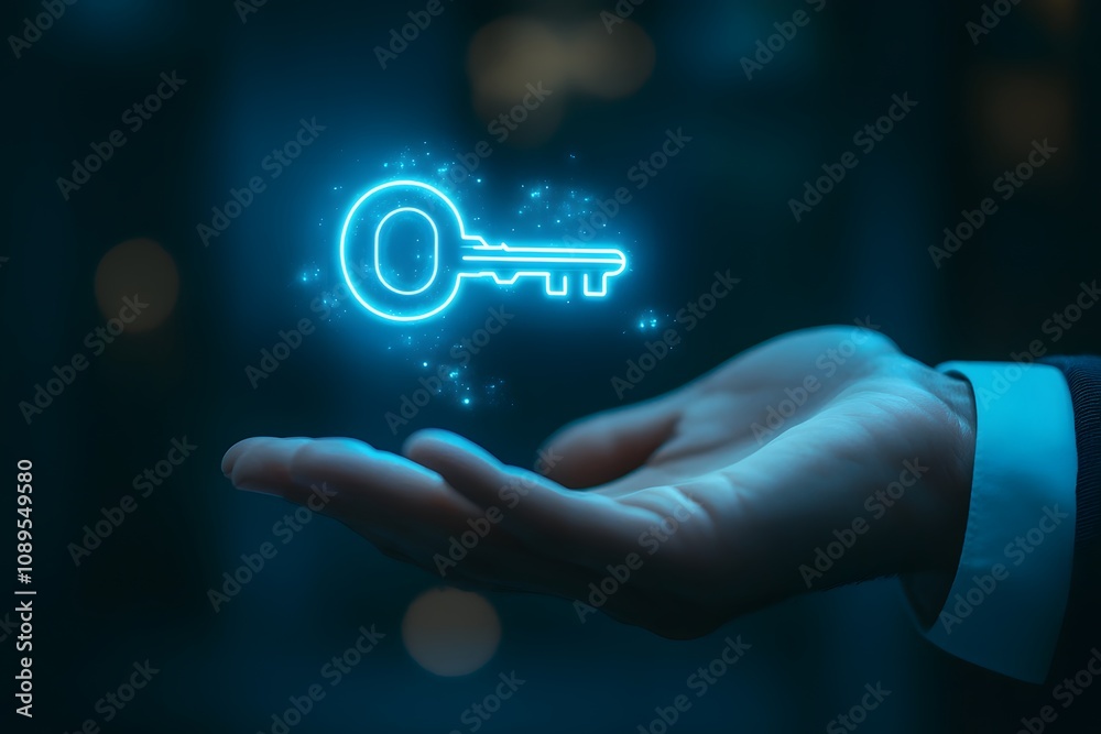 Poster Futuristic Digital Key Floating Above Hand in Dark Environment Representing Modern Technology and Security Concepts for Innovative Solutions