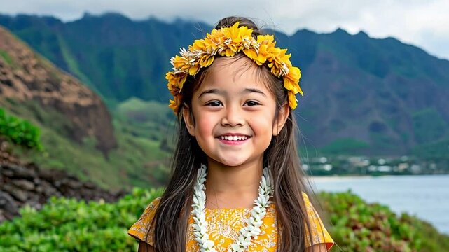 Smiling Hawaiian girl with flower crown and lei in natural setting. Concept of Hawaiian culture and joyful childhood.