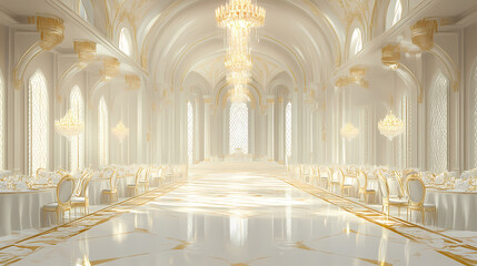 Obraz premium Elegant banquet hall with white and gold decor chandeliers and formal setting. concept banquet hall decor, white & gold theme, chandeliers, formal setting. Extravagant Royal Banquet. Illustration