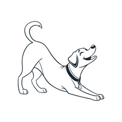 Delightful minimalist line art of a dog stretching, featuring a joyful expression and simple black and white design.