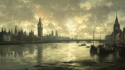 Fototapeta premium A stunning display of fireworks over the London skyline, reflecting on the Thames River in a peaceful, people-free scene.