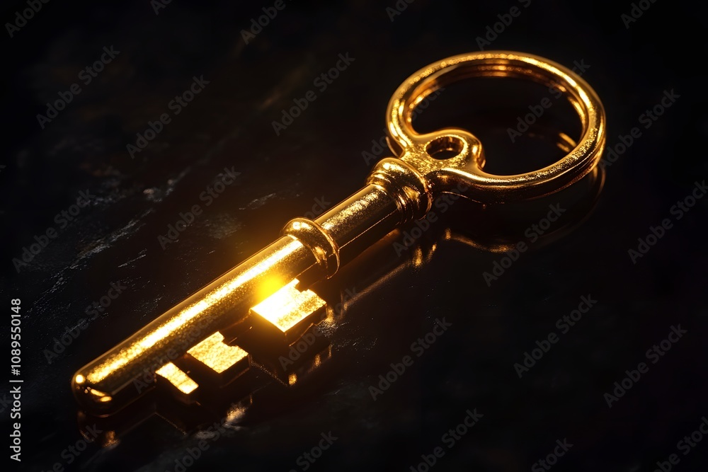 Poster a close-up of a decorative golden key on a glossy black surface highlighting its intricate design an