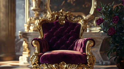 A regal chair embellished with golden accents and plush velvet, fit for an extravagant banquet. Extravagant Royal Banquet. Illustration