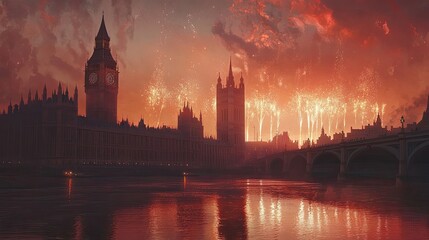 Fototapeta premium A stunning display of fireworks over the London skyline, reflecting on the Thames River in a peaceful, people-free scene.