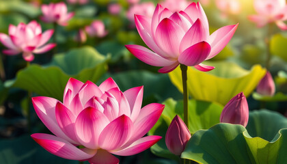 Obraz premium Beautiful Pink Lotus Flowers and Leaves in a Sunlit Pond.