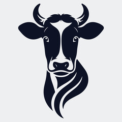 Elegant Black and White Cow Head Illustration with Leaves for Agriculture, Dairy, and Eco-Themed Designs