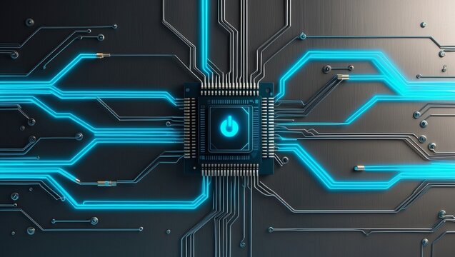 A futuristic digital circuit illustration featuring glowing blue wires and microchips on a dark
