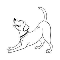 A simple and clean line drawing of a happy dog stretching playfully, showing joy and energy, perfect for pet illustrations or design projects