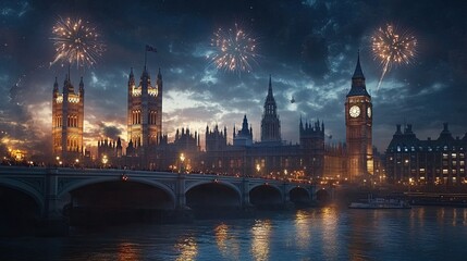 Naklejka premium Fireworks light up the London sky along the Thames, creating a festive atmosphere with iconic landmarks and no human presence.