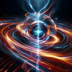 Glossy energy pulse visualized in dark space concept as Macro shot of a glowing energy pulse visualized in vibrant swirling 3D light patterns set in a dark abstract digital space symbolizing energy tr