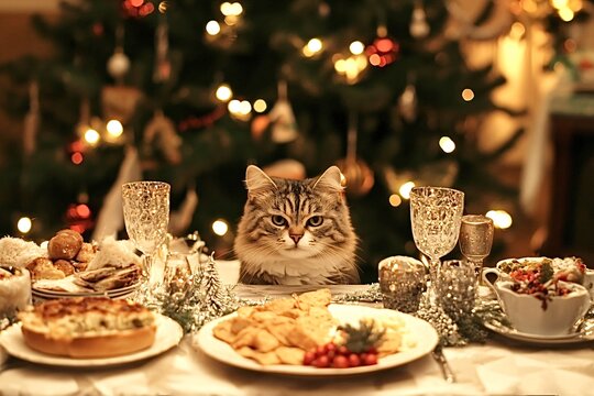 Fluffy cat sits at a festive christmas dinner table with delicious food, crystal glasses, and warm lights, creating a cozy holiday scene