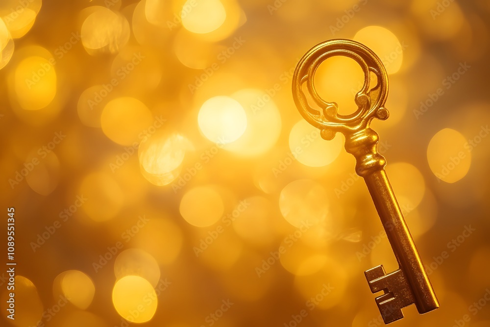Poster elegant vintage key against a sparkling golden background creating a magical atmosphere and evoking 