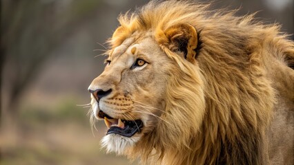  Majestic close-up of a lion's face, Powerful lion portrait in natural detail 
