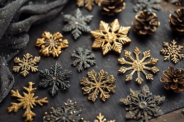 Fototapeta premium Dark gray with golden snowflakes for holiday wishes