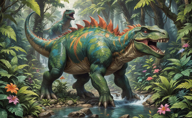 A green dinosaur is walking through a lush jungle. The dinosaur is large and has a long tail. The...