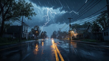 Small Town Road During a Thunderstorm with Heavy Rain and Lightning