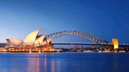 Naklejka premium Sydney Harbour Bridge and Opera House illuminated by breathtaking fireworks, with no people visible, highlighting the serene atmosphere.