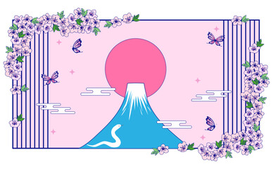 白蛇と富士山と蝶の和風背景イラスト