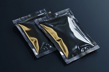 Two glossy metallic sachets are lying on a dark background, creating a sleek and modern presentation for product packaging